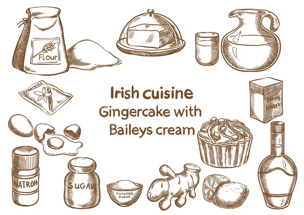 Gingercake met Baileys crème ingrediënt. Schets, tekening — Stockvector