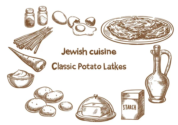 Židovská kuchyně. Klasické bramborové latkes ingredience. Vektorové skici — Stockový vektor