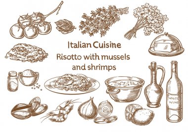İtalyan mutfağı. Midye ve karides malzemeler ve risotto