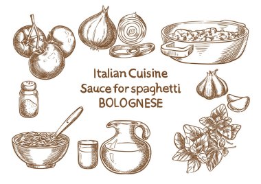 İtalyan mutfağı. Sause spahetti bolognese malzemeler vektör için