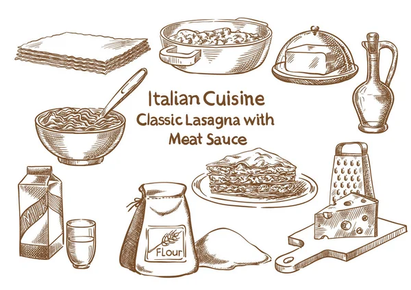 Italiaanse keuken. Klassieke lasagne met vlees saus ingrediënten vec — Stockvector