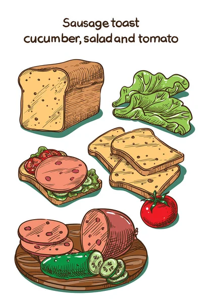 Toast Croquis Vectoriel Avec Saucisse Concombre Tomate — Image vectorielle