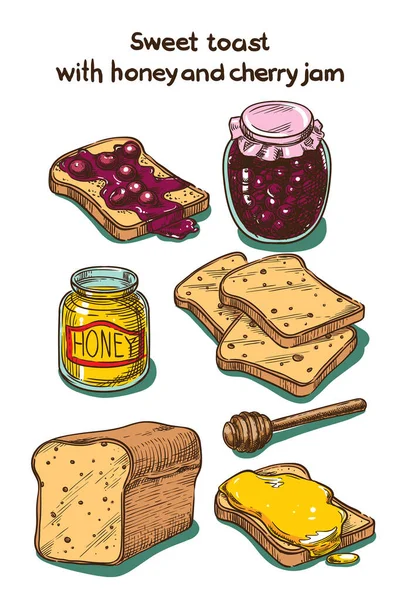 Vector Color Sketch Sweet Toast Honey Cherry Jam — Stock Vector