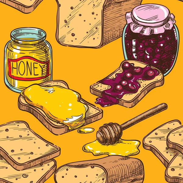 Toast Croquis Vectoriel Sans Couture Avec Miel Confiture Cerises — Image vectorielle