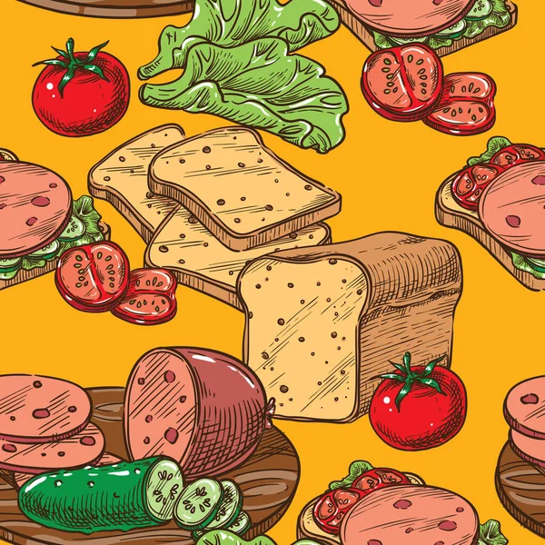 Toast Croquis Vectoriel Sans Couture Avec Salade Saucisses Tomate — Image vectorielle