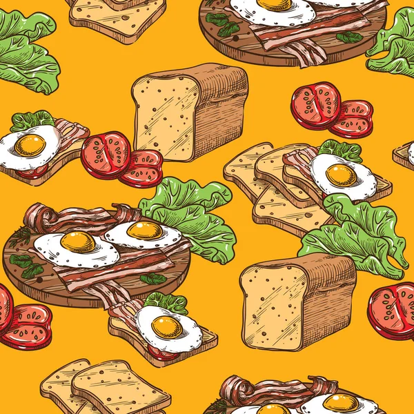 Vektor Seamless Sketsa Roti Panggang Dengan Telur Dan Bacon - Stok Vektor