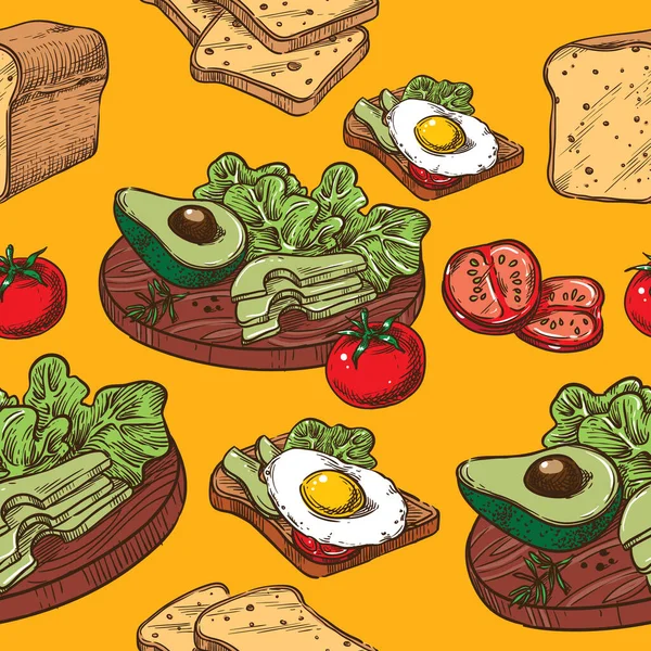 Vector Nahtloser Sketch Toast Mit Und Avocado — Stockvektor