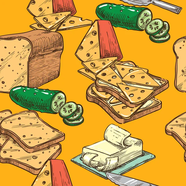 Vector Nahtloser Sketch Toast Mit Käse Und Gurke — Stockvektor