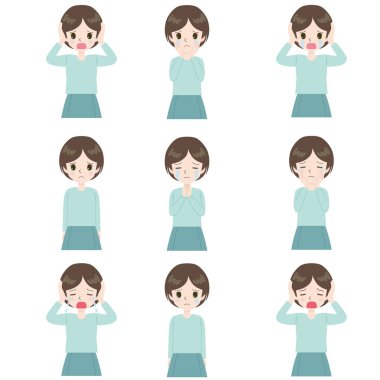 Çeşitli ağlayan yüzler gibi üst vücut kadınlarının çizimleri..