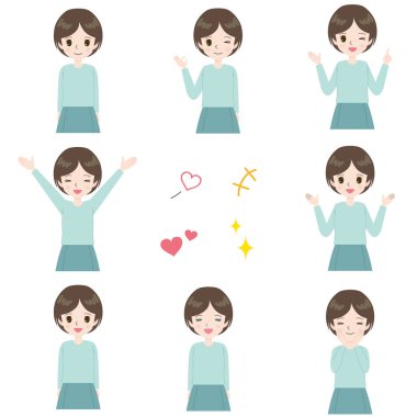 Vücudunun üst kısımlarında çeşitli tebessümlü kadınlar var..