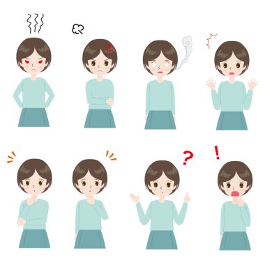 Kızgın yüz ifadeleri olan üst vücutlu bir kadının çizimi..