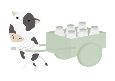 Illustration of a Holstein cow carrying milk in a cart.