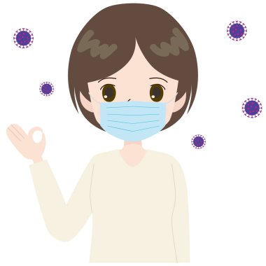 Maske takan ve virüs enfeksiyonuna hazırlanan genç bir kadının resmi..