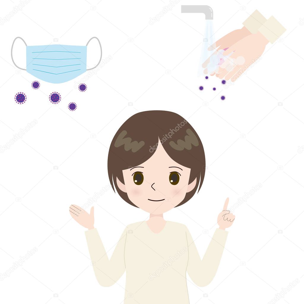 Illustration of a young woman introducing a mask and handwashing.