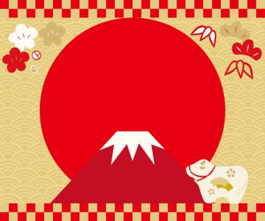 Öküz yılı için Mt. Fuji, arka planda güneş ve Japon deseni var..