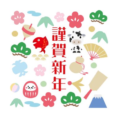 Yeni yıl için bir kare içinde serpiştirilmiş şanslı eşyalar..