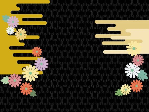 Ilustración Estilo Japonés Fondo Negro Con Flor Crisantemo Nube Patrón — Vector de stock