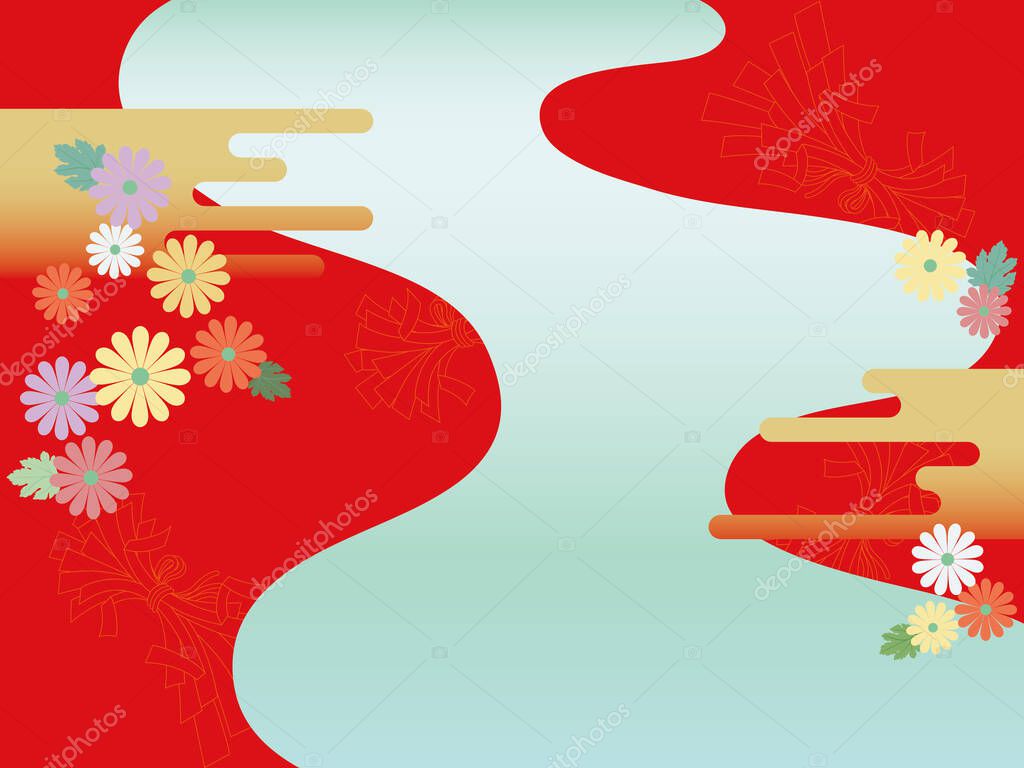 Japanese style illustration of red background with chrysanthemum flower, cloud and river.