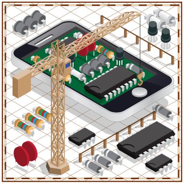Cep telefonunun elektronik şeması ve bir kule vinci.