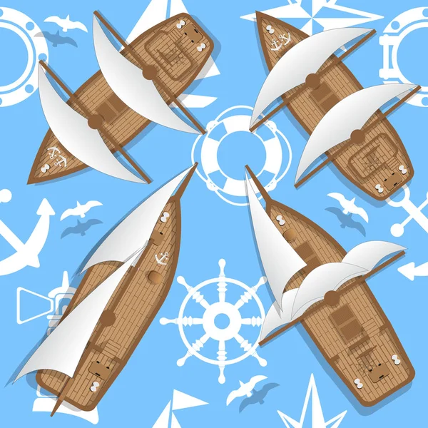 Segelschiffe vor dem Hintergrund von Ikonen des Meeres. — Stockvektor
