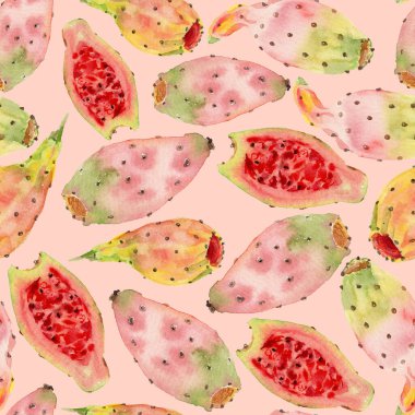 El yapımı suluboya illüstrasyon. Opuntia fius indica meyvesi ya da dikenli armut ya da ton balığının sembolik deseni. Pastel renkli Hint incir meyveleri, pembe arka planda bütün ve yarım dilim.