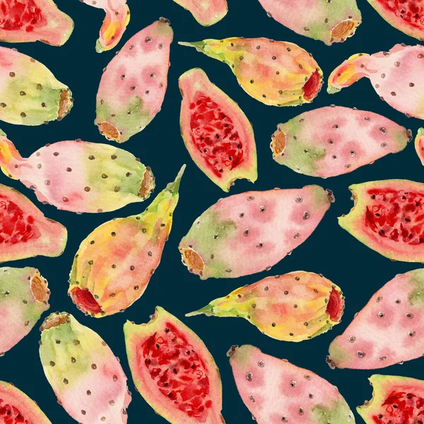 Illustrazione ad acquerello rawn a mano modello senza soluzione di continuità di opuntia ficus indica frutta o fichi d'india o tonno. Frutti di fico indiano di colore pastello, fetta intera e dimezzata su fondo nero — Foto Stock