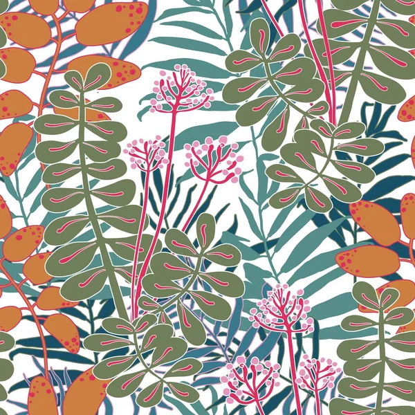 Patrón floral sin costuras de la selva tropical de verano sobre fondo blanco. Varias hojas coloridas y plantas con flores. Ilustración vectorial — Vector de stock