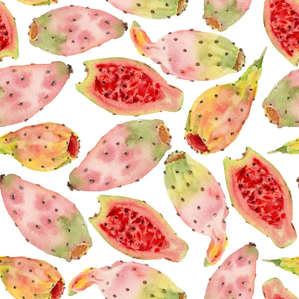 Ilustración acuarela dibujada a mano patrón semless de fruta de opuntia ficus indica o pera espinosa o atún. Frutas de higo indias de color pastel, rebanadas enteras y a la mitad sobre fondo blanco — Foto de Stock