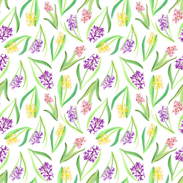 Seamless pattern of pink yellow purple Hyacinth flowers and leaves. Spring watercolor illustration in pastel shades isolated on white background. Fresh, bright hand painted hyacinths plants design — Stock Photo, Image