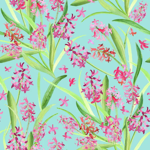 Seamless pattern of pink Hyacinths flowers and leaves. Spring botanical watercolor illustration in pink shades isolated on white background. Fresh and bright hand painted design
