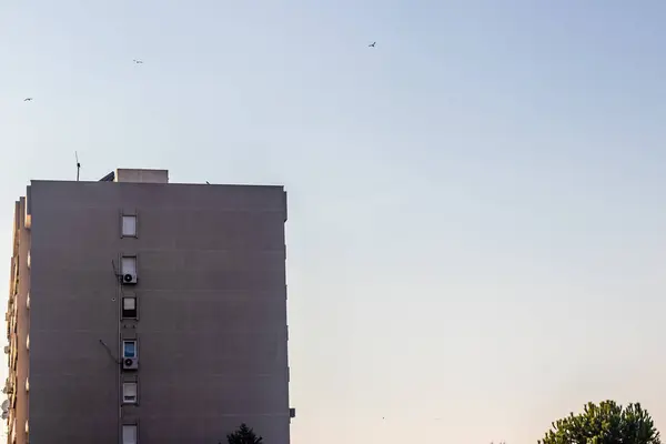 Une prise de vue architecturale éloignée d'un bâtiment aux couleurs vives — Photo