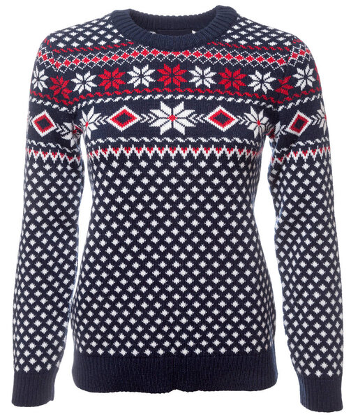 Синий вязаный свитер с геометрическим орнаментом на женском манекене