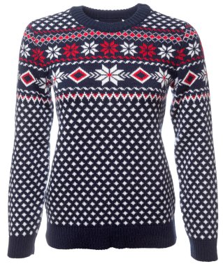 Dişi mankenin üzerinde geometrik süsleme olan mavi örülü süveter.