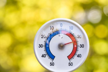 Açık hava termometresi sıcak sonbahar sıcaklığını gösteriyor.