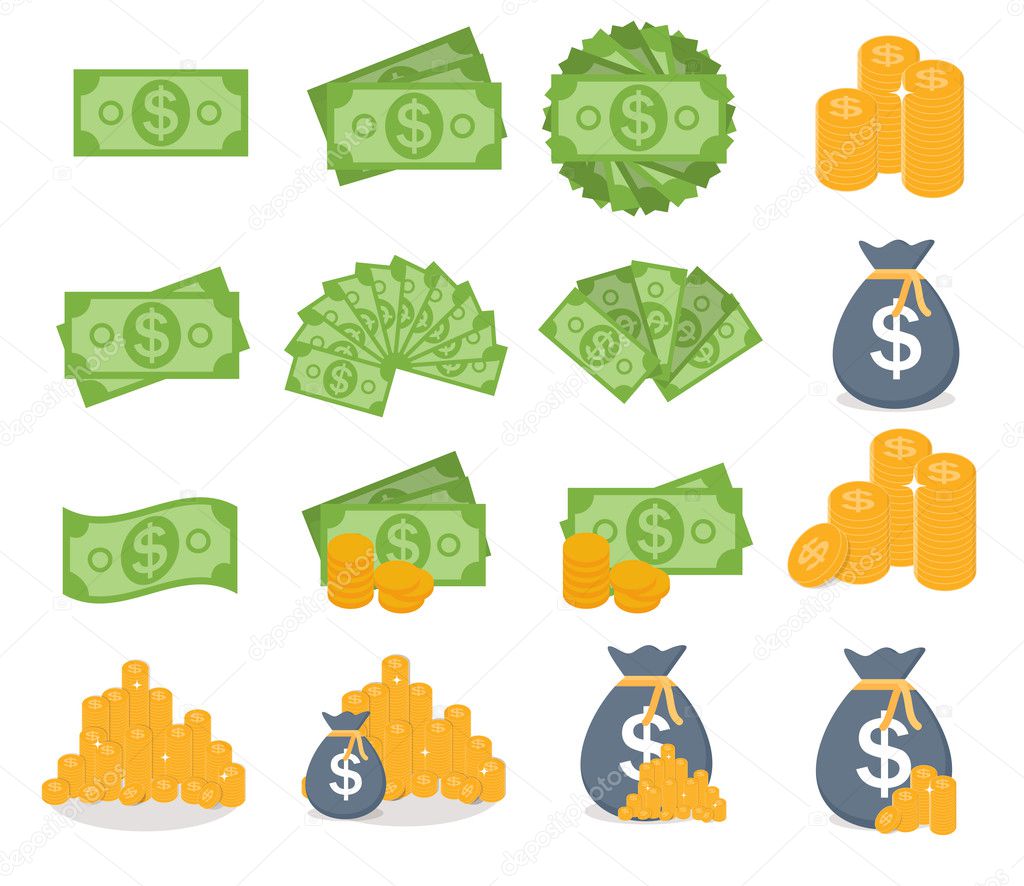 US Dollar Stack Paper Banknotes and Gold Coins Icon Sign Collection Set. Business Finance Money Concept Vector Illustration EPS10