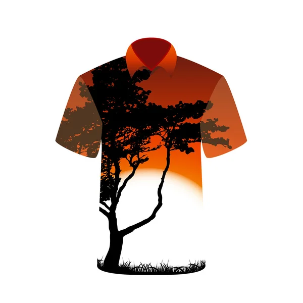 T-shirt with the image of tree and sunset. Vector Illustration. — Stock Vector