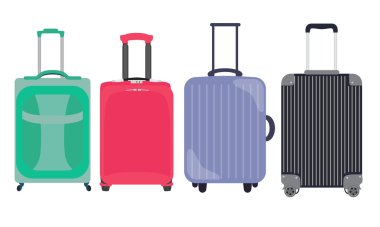 Bavul, seyahat çantası düz simgesi toplama kümesi. Vektör Illustrati