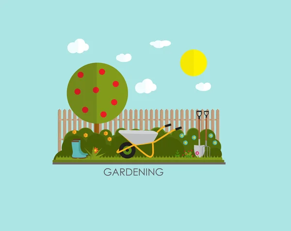 Εικονογράφηση διάνυσμα επίπεδη φόντο κηπουρική. Εργαλεία κήπου, Tre — Διανυσματικό Αρχείο