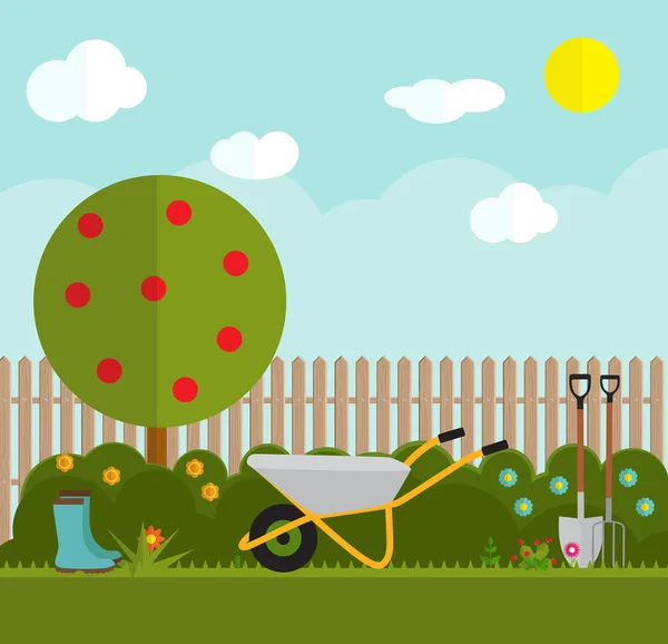 Jardinage fond plat Illustration vectorielle. Outils de jardin, Tre — Image vectorielle