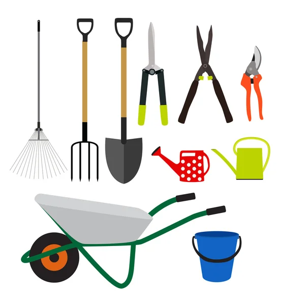 Garden Tools, Instruments Flat Icon Collection Set. Shovel, buck — Stock Vector