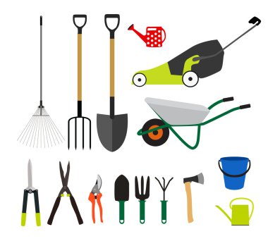 Bahçe aletleri, aletleri düz simgesi koleksiyonu kümesi. Kürek, buck