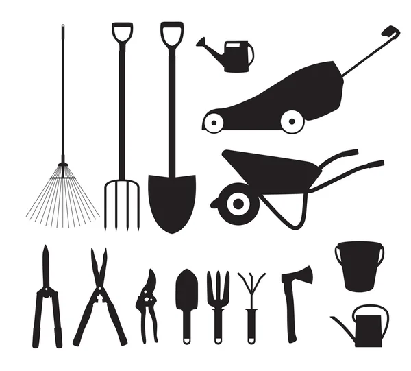 Zahradní nářadí, nástrojů plochý Icon Collection Set. Lopata, Bucku — Stockový vektor