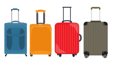 Bavul, seyahat çantası düz simgesi toplama kümesi. Vektör Illustrati