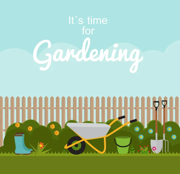 Gardening Flat Background Vector Illustration. Garden Tools, Fen — Stock Vector