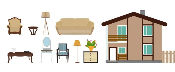 La casa está amueblada con muebles. Vector de estilo plano moderno — Vector de stock