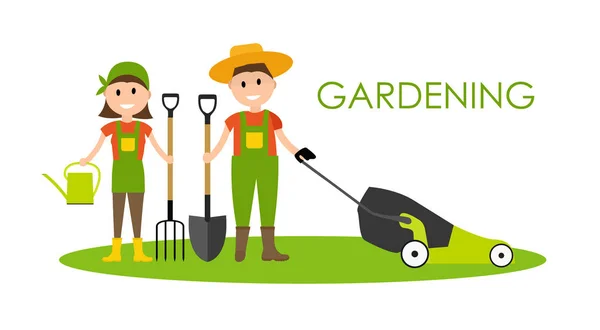 Garden Background Vector Illustration. Farmer Gardener Man and W — Stock Vector