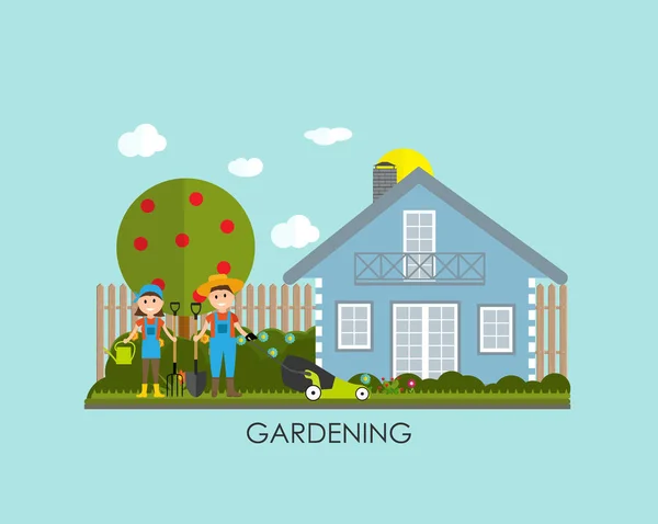 Εικονογράφηση διάνυσμα κήπο φόντο. Αγρότης κηπουρός άνθρωπος και W — Διανυσματικό Αρχείο
