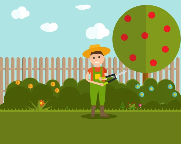 Garden Background Vector Illustration. Farmer Gardener Man with — Stock Vector