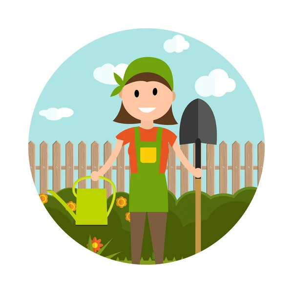 Εικονογράφηση διάνυσμα κήπο φόντο. Γυναίκα γεωργός κηπουρός — Διανυσματικό Αρχείο