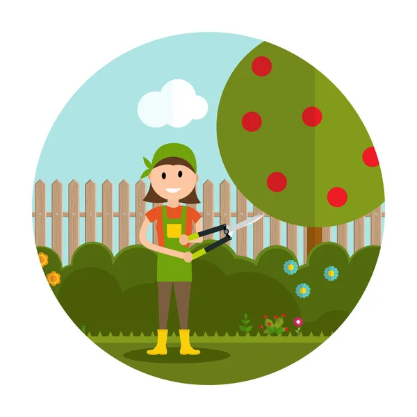 Εικονογράφηση διάνυσμα κήπο φόντο. Αγρότης κηπουρός γυναίκα wit — Διανυσματικό Αρχείο